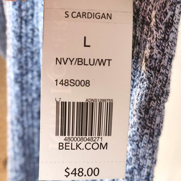 Kim Rogers Blue with White Open Front  Cable Knit Relaxed Fit Cardigan. Size Lar - Picture 10 of 13